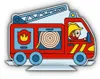 A cartoon illustration of a red fire truck with a firefighter driving it. Produktbild-Vorschau