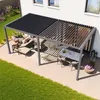 An outdoor patio area with a pergola, lounge chairs, and a dining set. Voir les images du produit