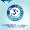 A marketing graphic for TENA products, highlighting "3x Protection" with "Dry, Secure, Odour Control". Produktbild-Vorschau