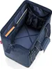 An open blue duffel bag with internal pockets, showing a tablet and books inside. Produktbild-Vorschau