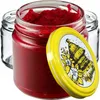 A close-up of a jar of red jam or preserve, with a yellow lid featuring a bee and floral design. Two empty glass jars are visible in the background. Podgląd zdjęcia produktu