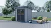 A garden shed is shown in a backyard setting with a lawn chair and a lawn mower in the background. Produktbild-Vorschau