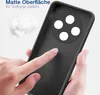 A hand is touching the back of a black phone case, highlighting its matte surface and soft grip texture. A pile of cotton balls is visible in the background. Produktbild-Vorschau
