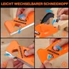 A collage of four images demonstrating how to use a JORGENSEN edge planer with interchangeable cutting heads. Produktbild-Vorschau