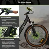 A close-up view of an electric bicycle's front wheel, handlebars, and brake system, with accompanying text detailing its features. Produktbild-Vorschau
