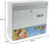 A white mailbox with dimensions indicated, featuring a decorative band with images and text. Anteprima dell’immagine prodotto