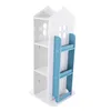 A white and blue children's bookshelf shaped like a house, shown from a diagonal angle against a white background. Náhled obrázku produktu