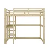 A wooden loft bed with a ladder and desk is shown against a white background. Produktbild-Vorschau
