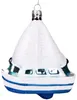 A glass Christmas ornament shaped like a white sailboat with blue stripes. Voir les images du produit