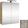 A bathroom cabinet with mirrored doors and a light fixture above it, shown alongside a smaller open shelving unit. Produktbild-Vorschau