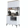 A white and brown multi-purpose cabinet with a microwave, coffee maker, and kettle. Produktbild-Vorschau