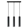A black three-light pendant lamp with cylindrical shades, suspended from a rectangular black bar. Náhled obrázku produktu