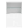 A studio shot of a white cabinet with a glass shelf and two doors. Voir les images du produit