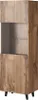 A tall, narrow display cabinet with a glass section and wooden slatted doors, standing on black legs. Náhled obrázku produktu