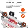 Close-up of a manual meat slicer with a piece of meat being sliced, with marketing text and graphics. Produktbild-Vorschau