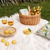 A picnic setup on a grassy lawn with a basket, wine glasses, lemons, and a pillow. Produktbild-Vorschau