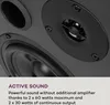 Close-up view of a speaker driver and tweeter with marketing text below. Produktbild-Vorschau