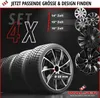 A marketing image showcasing car wheel covers in various sizes and designs, with a focus on a set of four wheels and tires. Produktbild-Vorschau