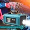 A teal jump starter device with a flashlight and digital display is shown, with technical specifications overlaid on the background. Produktbild-Vorschau