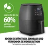 A black air fryer is shown on a white surface with a green background. Text highlights energy savings and cooking benefits. Produktbild-Vorschau