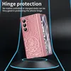 A pink phone case with a circuit board design is displayed on a black pedestal with blue neon accents. Anteprima dell’immagine prodotto