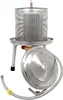 A stainless steel fruit press with its lid and hose, shown against a white background. Produktbild-Vorschau