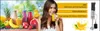 A woman drinks a smoothie next to a selection of fruits and juices, with an advertisement for a blender set. Voir les images du produit