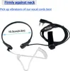 A product image showing a throat microphone headset and a coiled cable with a PTT button, with text overlays describing features and dimensions. Produktbild-Vorschau