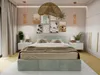 A bedroom scene featuring a mint-colored bed with a headboard and storage, flanked by nightstands and lamps, with artwork on the wall and a large woven pendant light. Produktbild-Vorschau