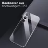 A clear phone case is shown on a dark, textured background. Produktbild-Vorschau