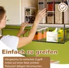A woman is reaching for a clear plastic container filled with food items on a shelf, with an under-shelf basket containing more items below. Produktbild-Vorschau