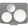 A gray silicone drying mat with water droplets, holding white plates and a bowl. Produktbild-Vorschau