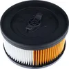A cylindrical filter with a black top and pleated white and orange filtering material. Voir les images du produit