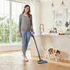 A woman is vacuuming a kitchen floor with a dog nearby. Produktbild-Vorschau