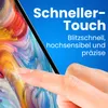 A finger touching a colorful, abstract screen on a device, with marketing text overlaid. Produktbild-Vorschau