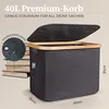 A dark gray storage basket with a wooden rim and lid is shown, with a stack of books next to it. A close-up of the fabric showing water droplets is also visible. Produktbild-Vorschau