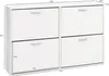A white shoe cabinet with four flip-down doors, shown with dimensions indicated by text overlays. Náhled obrázku produktu