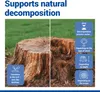 A split image showing a tree stump on the left and a decomposed tree stump on the right, with informational text boxes. Produktbild-Vorschau