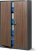 A metal filing cabinet with wooden-look doors, filled with blue binders. Podgląd zdjęcia produktu