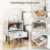 A collage showcasing a white nightstand with brown accents next to a bed, highlighting its storage features. Podgląd zdjęcia produktu