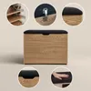 A collage of images showing a wooden shoe cabinet with a black upholstered seat, highlighting its features and construction. Náhľad obrázku produktu