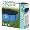 The image shows the packaging of a Bestway Flowclear pool cover, with a depiction of the pool cover on a blue pool surrounded by grass. Podgląd zdjęcia produktu