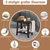 A product image showcasing a black wooden shower bench with various bathroom accessories arranged around it, illustrating its storage capabilities. Náhled obrázku produktu