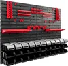A wall-mounted storage system with various red tool holders and black and gray storage bins. Náhľad obrázku produktu