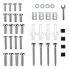 A collection of hardware components, including screws, wall anchors, and a small wrench, laid out on a white background. Anteprima dell’immagine prodotto