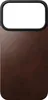 A close-up view of a brown leather phone case with a black border and a white cutout for the camera. Produktbild-Vorschau