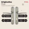 A pair of door handles with descriptive text and icons highlighting features. Produktbild-Vorschau