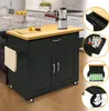A black kitchen cart with a wooden top, shown in a kitchen setting with additional close-up views of its features. Voir les images du produit