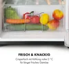 A close-up view of a refrigerator crisper drawer filled with fresh vegetables and fruits, with text overlay describing its features. Produktbild-Vorschau