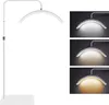 A white LED ring light with a metal stand is shown on a white background, with three smaller images on the right showing the light at different color temperatures. Produktbild-Vorschau